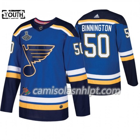 Camisola St. Louis Blues Jordan Binnington 50 Adidas 2019 Stanley Cup Champions Royal Authentic - Criança